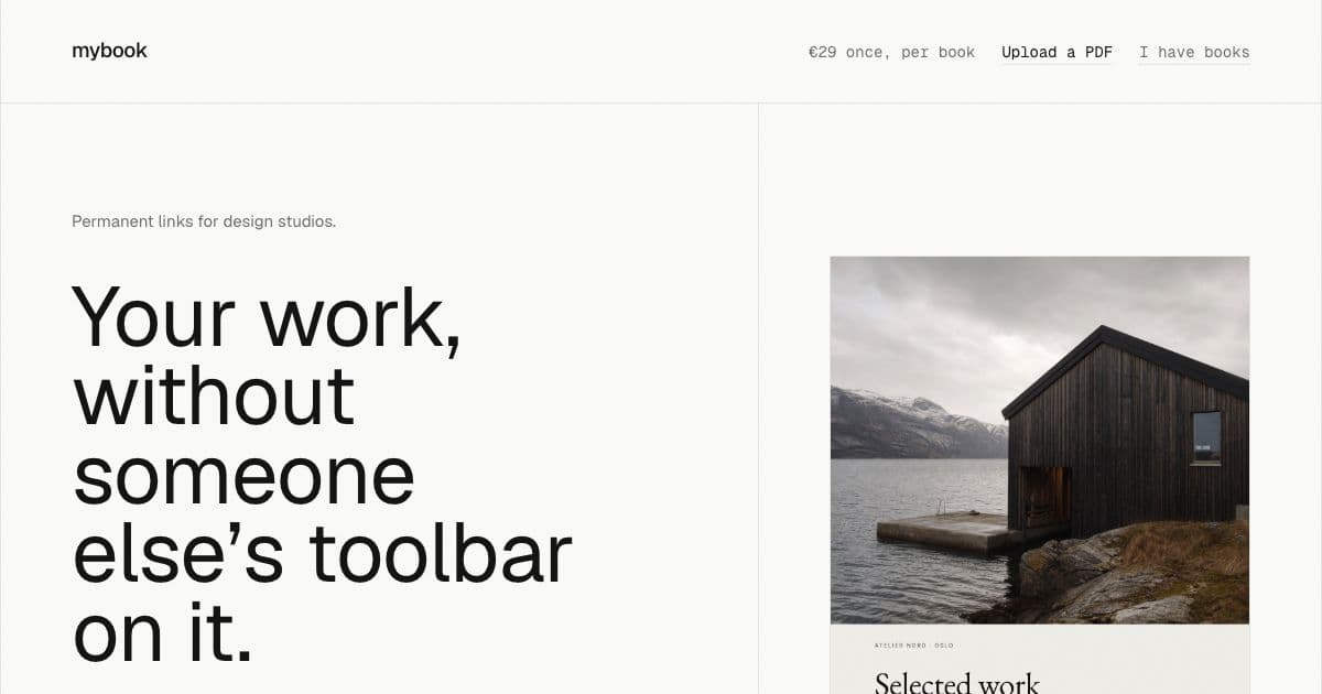 mybook — Publishes a design studio's PDF as a full-bleed online book at a permanent link that never expires.