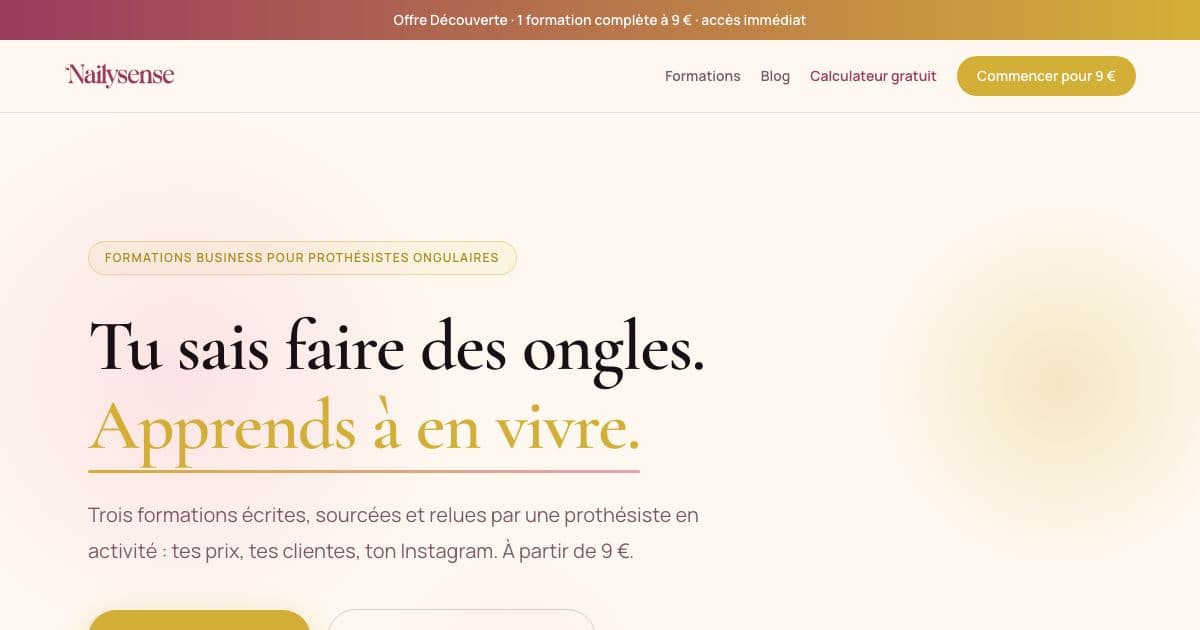 NailSense — Written business courses in French for nail technicians on pricing, Instagram and client relations, with checklists and scripts.
