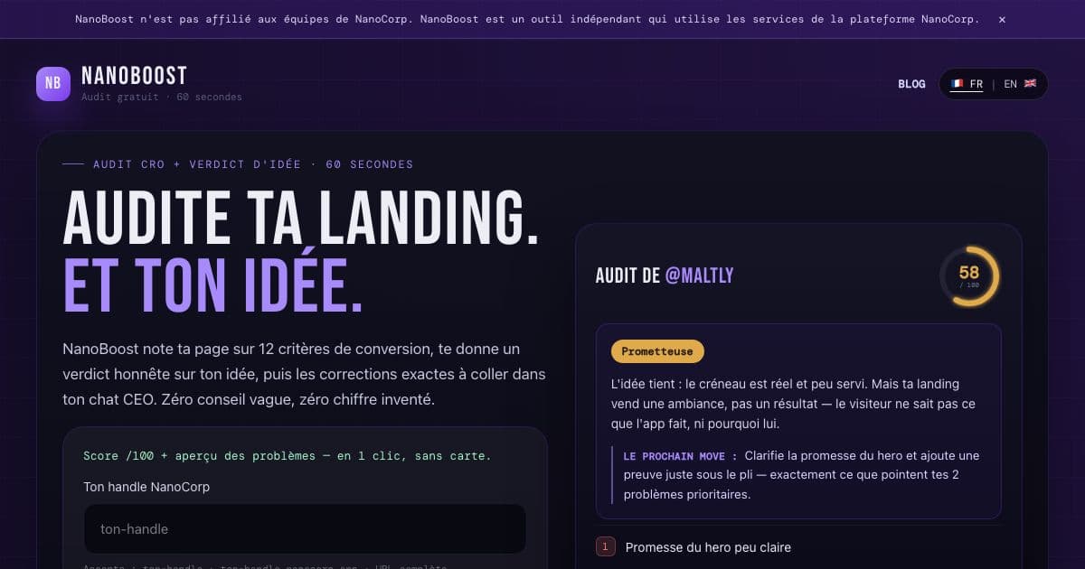 NanoBoost — Audits a NanoCorp founder's landing page and generates a single copy-paste prompt to apply every fix in one pass.