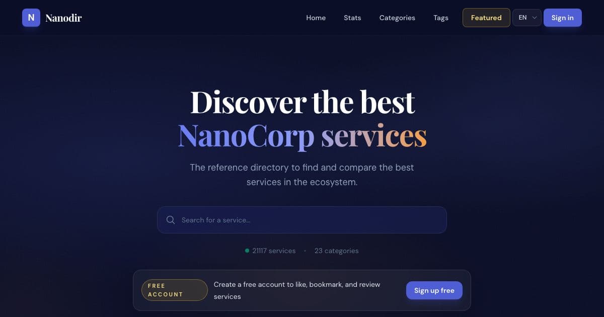 Nanodir — A searchable directory of the services built on NanoCorp, sorted by category and tag, in three languages.