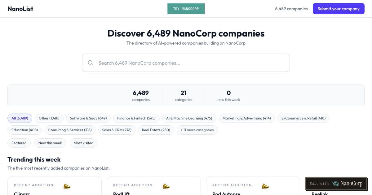 NanoList — A searchable directory of companies created on NanoCorp, grouped by category, with staff picks, trending lists and votes.