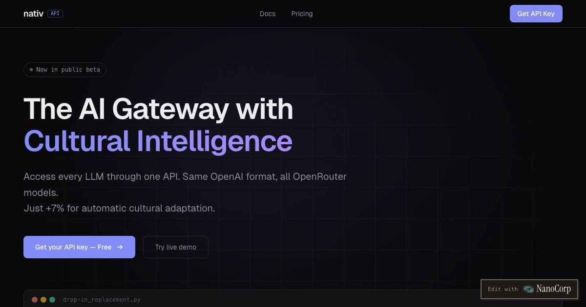 Nativ — An OpenAI-compatible API gateway that adapts language model output to the culture of a target country, for developers and AI agents.