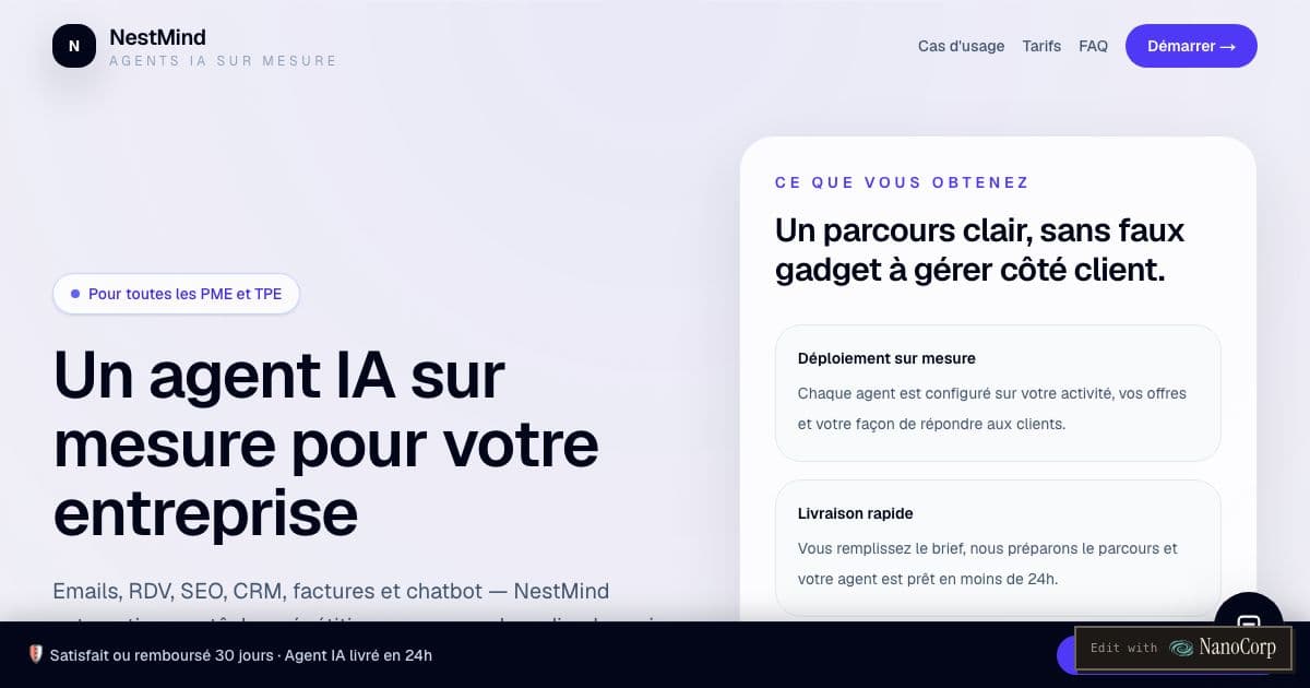 NestMind — Configures a custom AI agent that handles repetitive client tasks for French small businesses, with a human onboarding session.
