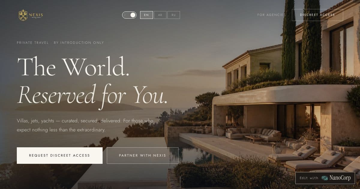 Nexis — An invitation-only concierge arranging private villas, jets, yachts and lifestyle access across Europe for wealthy families and agencies.