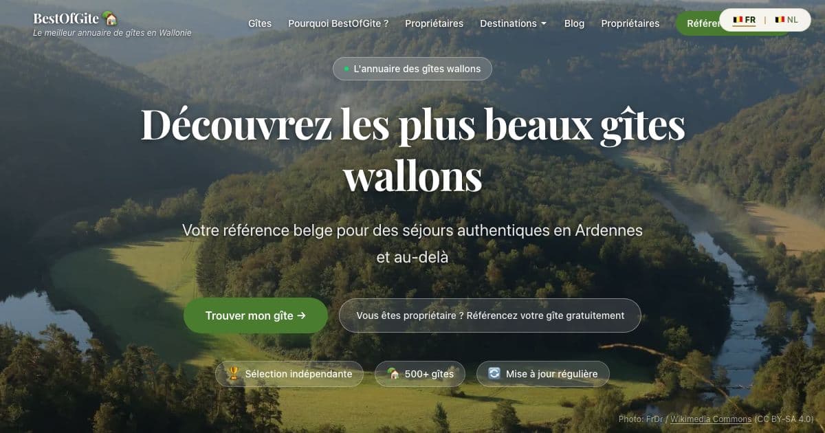 NidWal — A directory of holiday cottages across Wallonia, organised by region, where owners can list or claim their property for free.