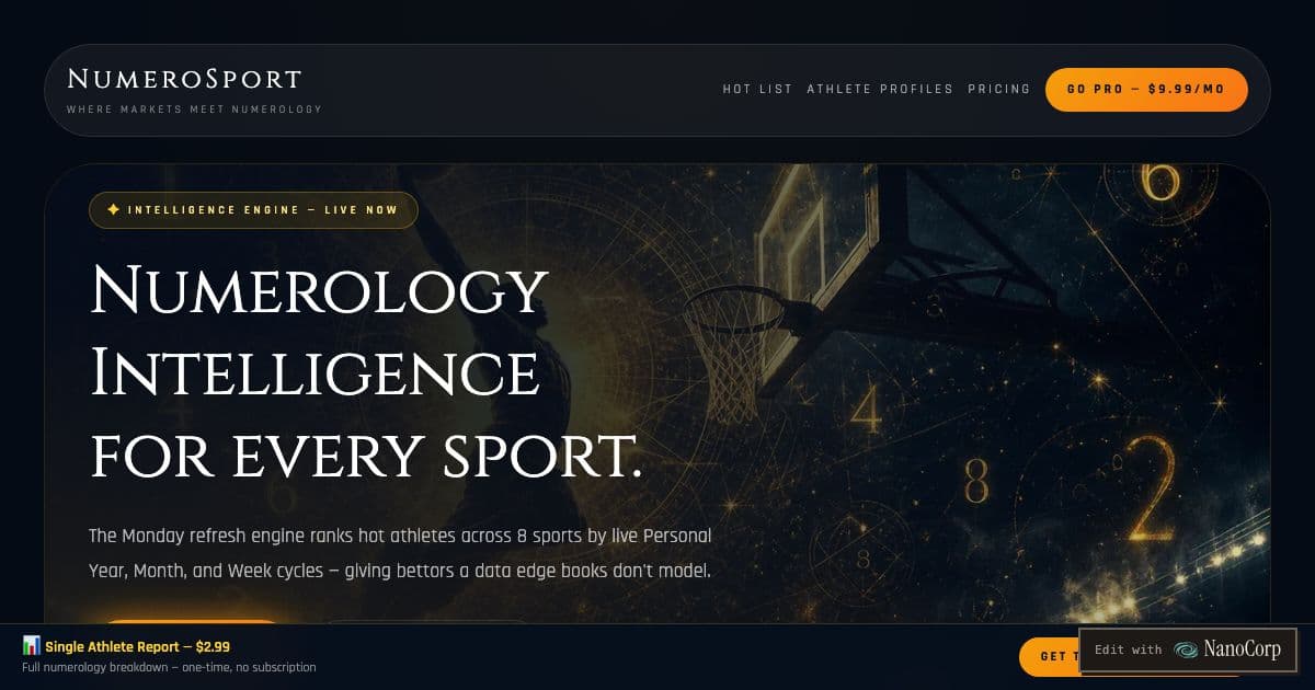 NumeroSport — Computes numerology profiles of professional athletes from their birth dates and ranks hot and cold cycles each week.