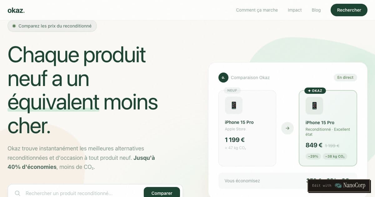 Okaz — A free search engine that finds refurbished and second-hand alternatives to new products, with savings and carbon shown side by side.