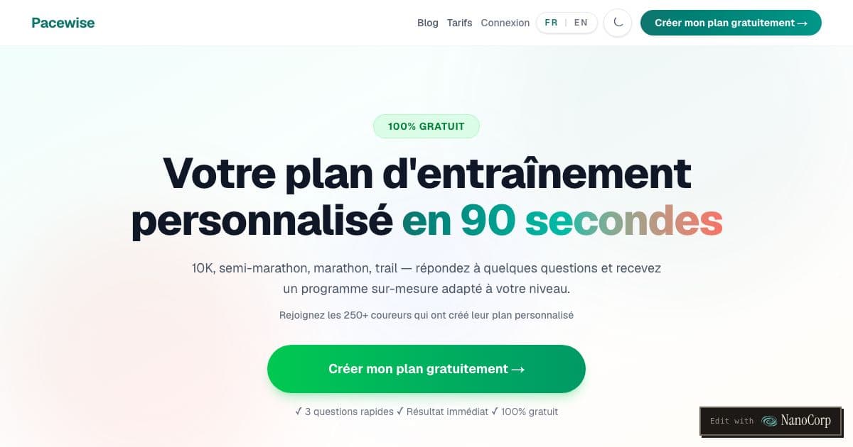 Pacewise — Generates week-by-week running plans for 10K, half marathon, marathon and trail from a questionnaire on level, goals and free time.