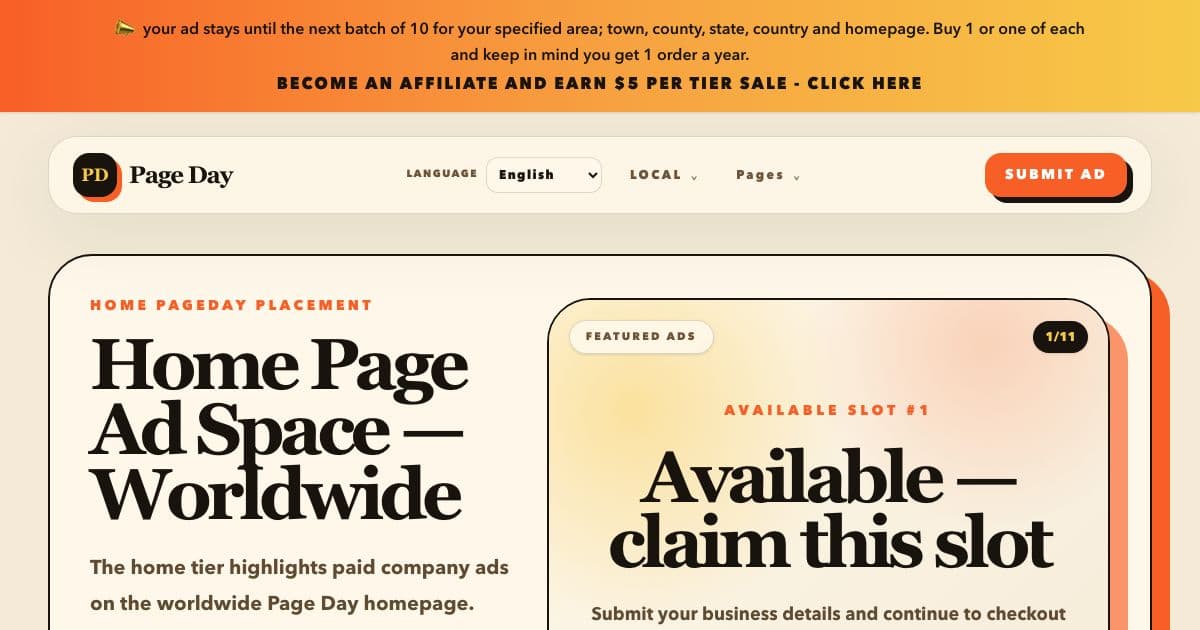 Page Day — A worldwide business directory selling a few featured ad slots per area, rotated in batches of ten businesses.