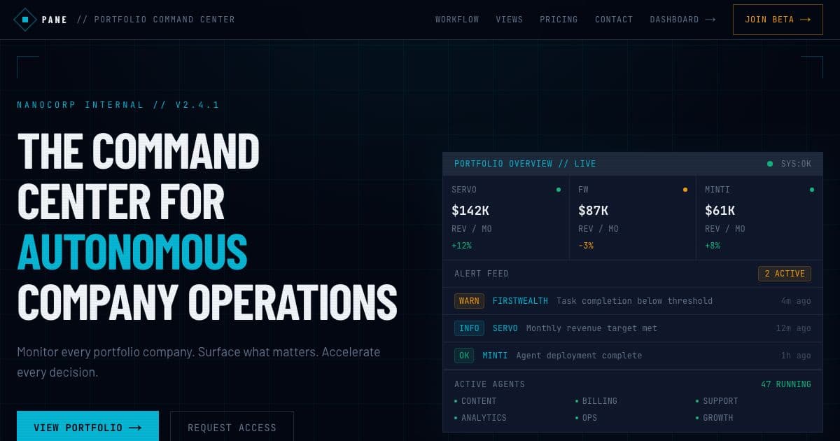 Pane — A dashboard for operators of several autonomous companies that gathers their KPIs, alerts and agent activity in one view.