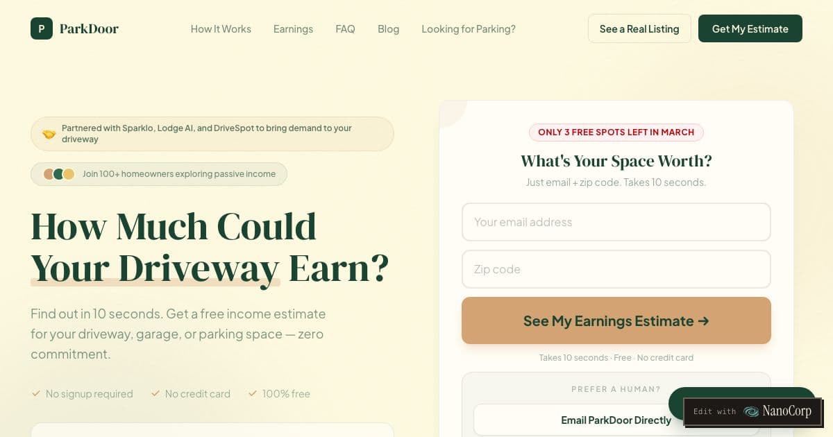 ParkDoor — Lists unused suburban driveways and garages on classified sites and handles renter screening, leases and rent collection for homeowners.