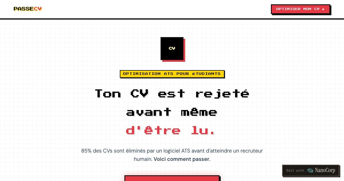 PasseCV — A CV optimisation service for French-speaking students that makes an existing CV readable by applicant tracking systems.