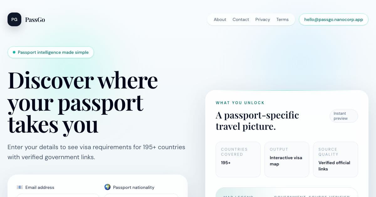 PassGo — A free visa checker that maps which countries a traveler's passport can enter visa free, on arrival, by e-visa or with a visa.