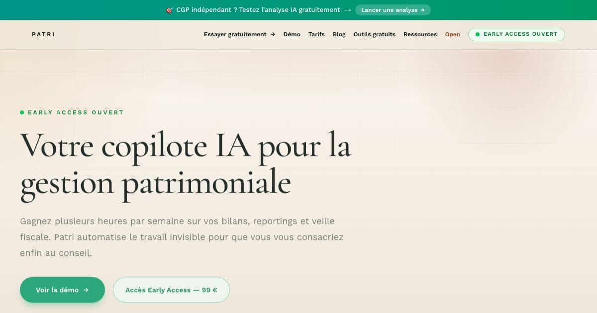 Patri — Drafts wealth reviews, client reports and weekly tax updates for independent wealth management advisers in France.