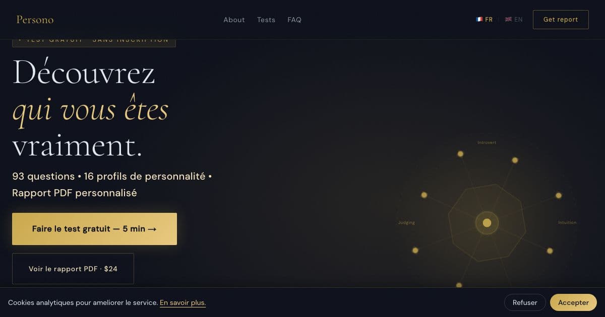 Persono — A free online personality test in French and English that sorts takers into 16 profiles, with an optional detailed PDF report.