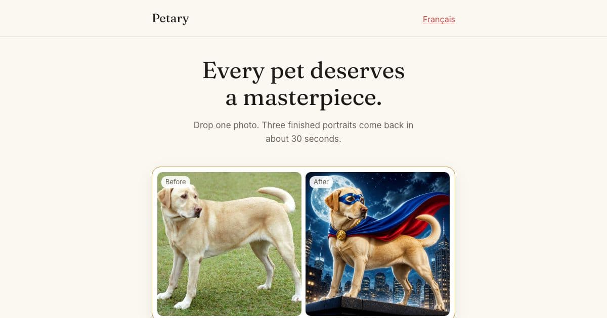 Petary — Turns a single pet photo into three illustrated portraits in different styles, free to preview, for pet owners who want shareable art.