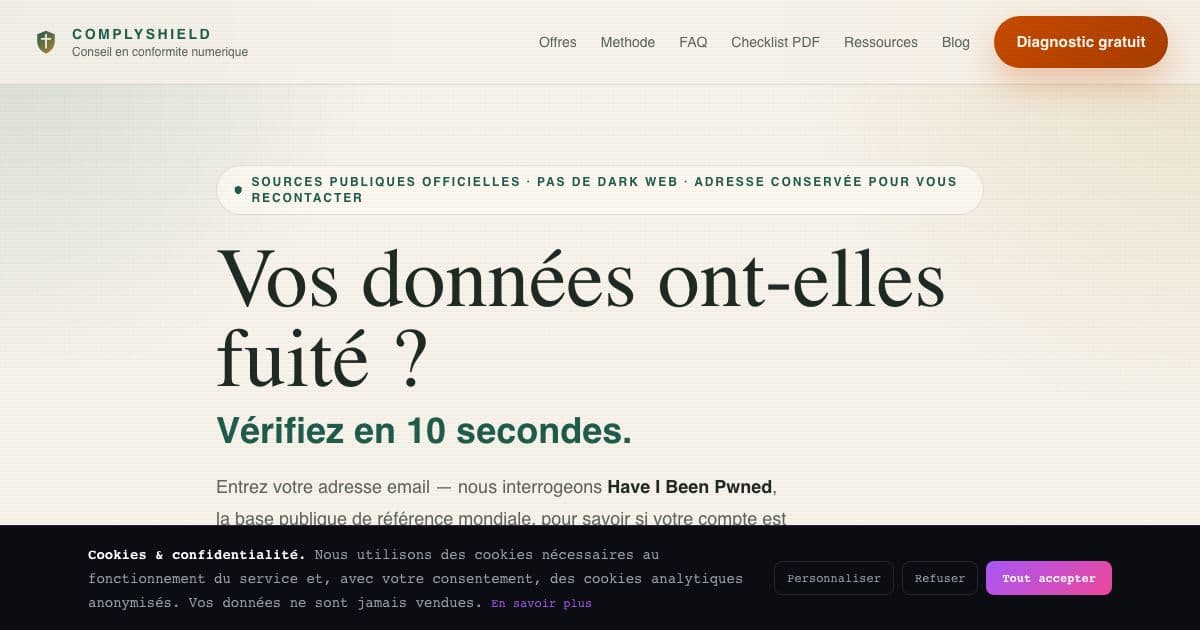 PhantomID — Checks whether an email address appears in known data breaches and helps French small businesses meet GDPR, NIS2 and AI Act rules.