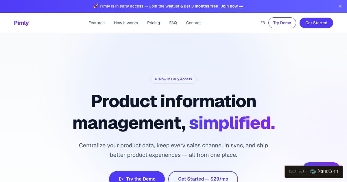 Pimly — Keeps a small e-commerce team's product descriptions, images, specs and prices in one place and publishes them to each sales channel.