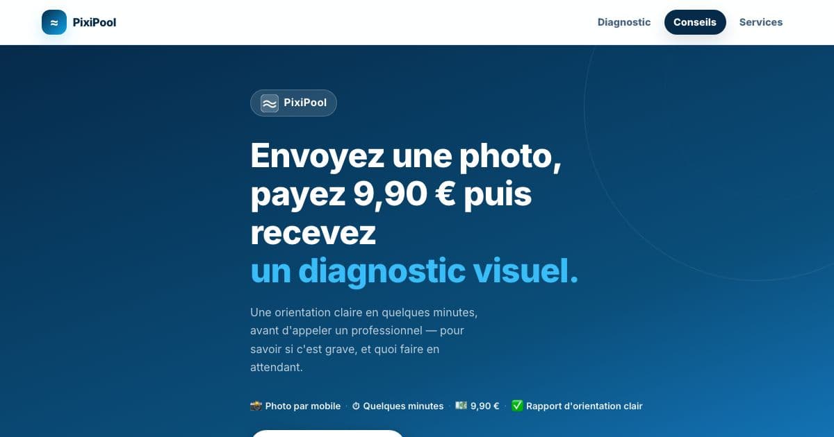 PixiPool — Diagnoses green, cloudy or foamy pool water from a photo and a questionnaire, then tells pool owners what to check first.