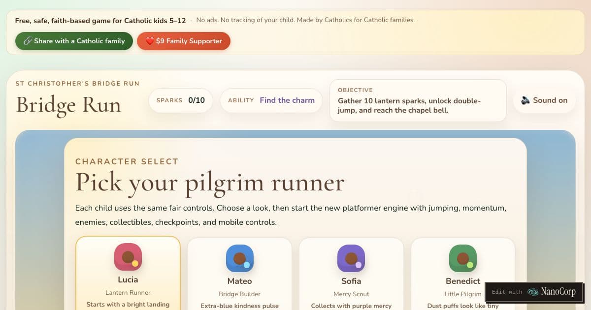 Playdraft — A free, faith-based browser platformer for Catholic children aged 5 to 12, built to play on a phone.