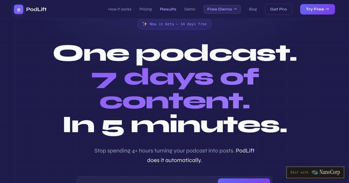 PodLift — Turns a long podcast episode into ready-to-paste threads, LinkedIn posts and emails for indie hackers and solopreneurs.
