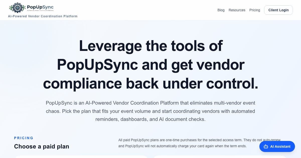 PopUpSync Corporate — Helps event planners track vendors, collect and check their compliance documents and send reminders across several events.