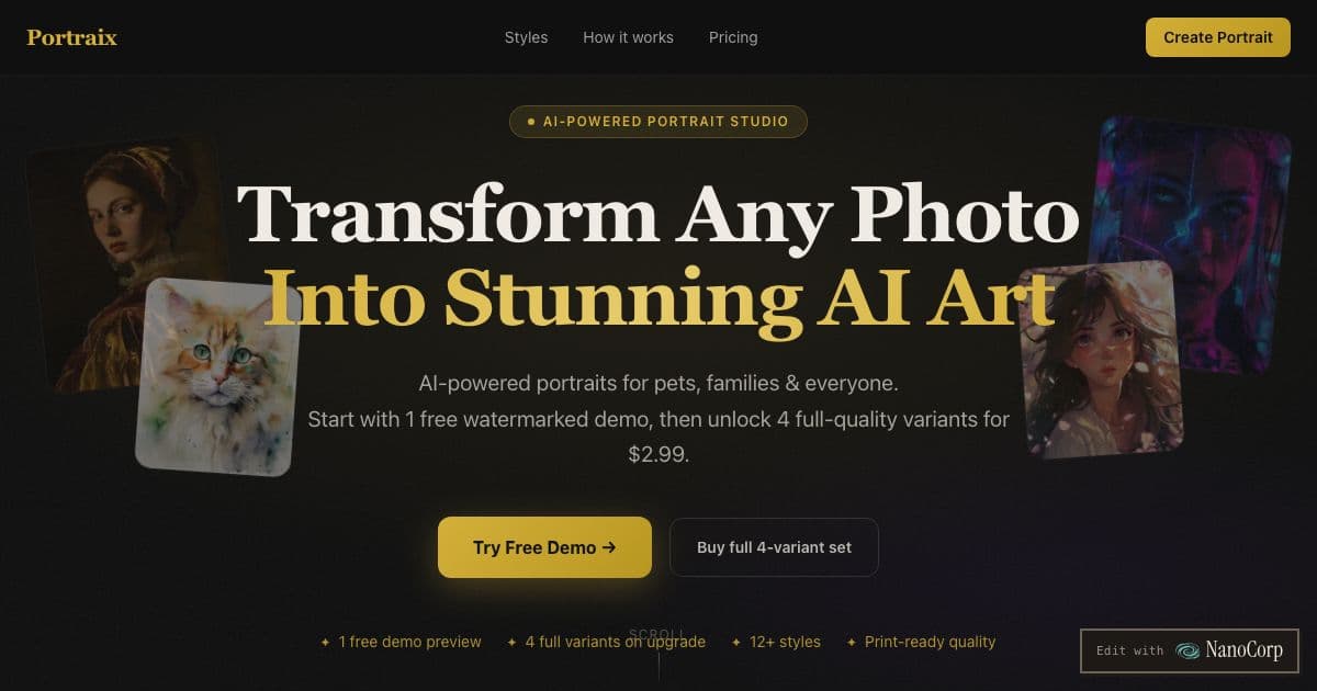 Portraix — Turns photos of pets, people or both into AI portraits in one of a dozen art styles, in four variants per order.