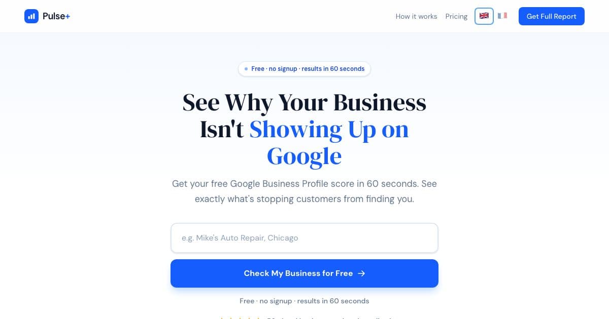 Pulse+ — Audits a local business's Google listing from its name and gives a visibility score with a plain-language list of fixes.