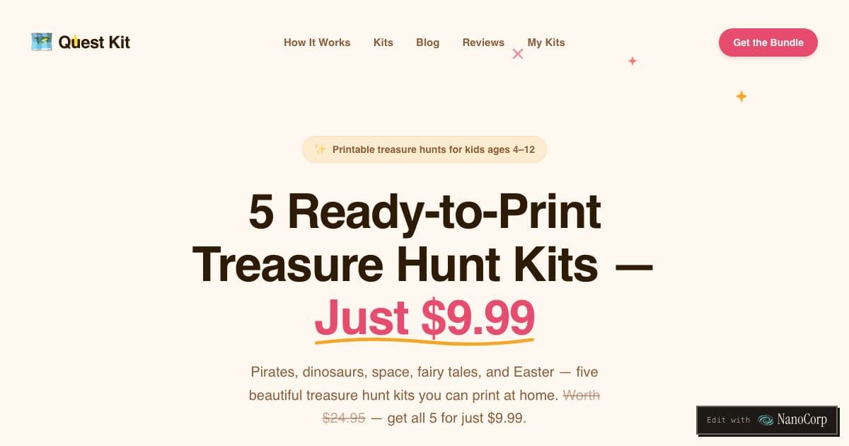 Quest Kit — Printable treasure hunt kits that parents hide around the home or yard, with themed clue cards, maps and decoder rings for kids.