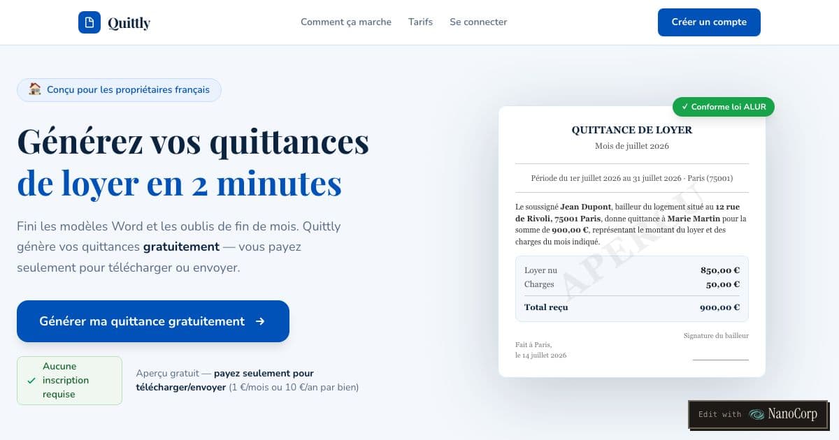 Quittly — Generates rent receipts with the required legal wording for private landlords in France, as a PDF to download or email to the tenant.