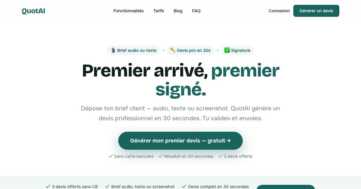 QuotAI — Turns a freelancer's client brief, spoken or written, into a priced quote with legal terms and an online signature link.