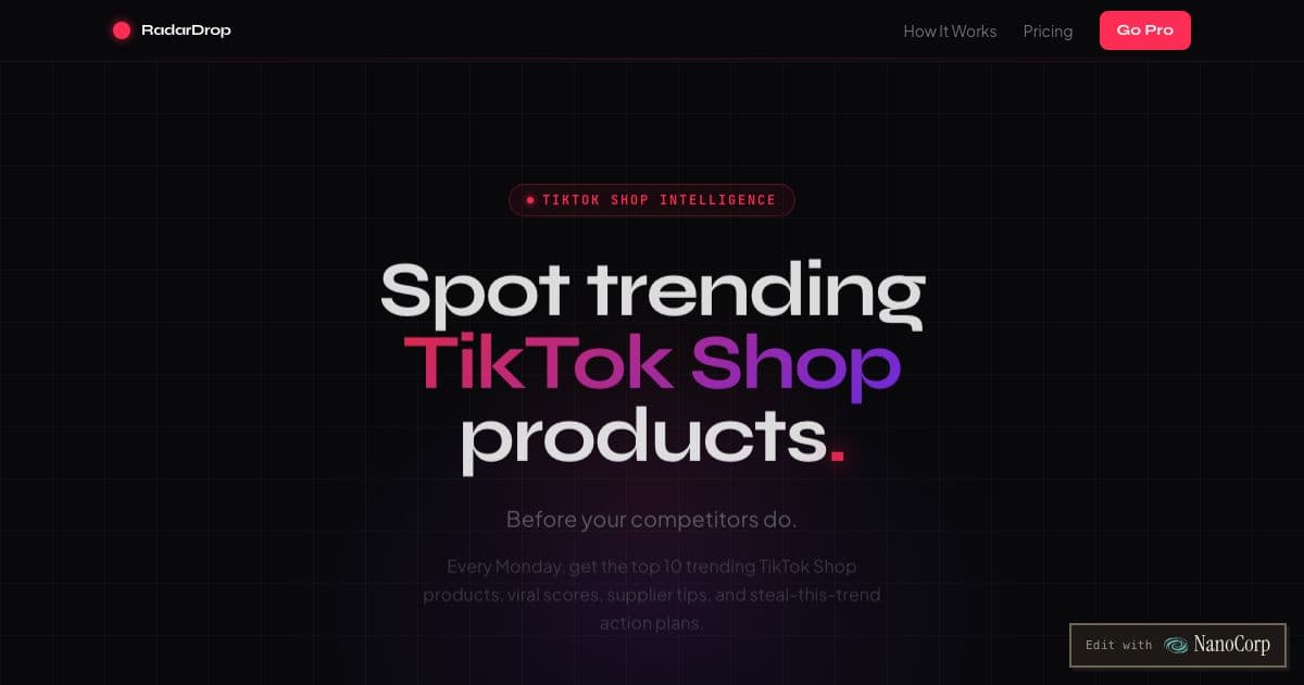 RadarDrop — A weekly newsletter of trending TikTok Shop products, with supplier hints and selling tips, for Shopify sellers in the UK and US.