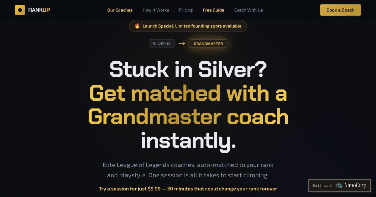 RankUp — Matches League of Legends players stuck in low ranks with high-ranked coaches for live one-to-one sessions by role.