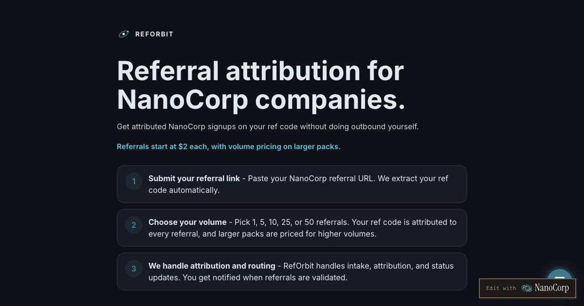 RefOrbit — A paid service that delivers tracked NanoCorp referrals to a company's referral link, sold in fixed packs.