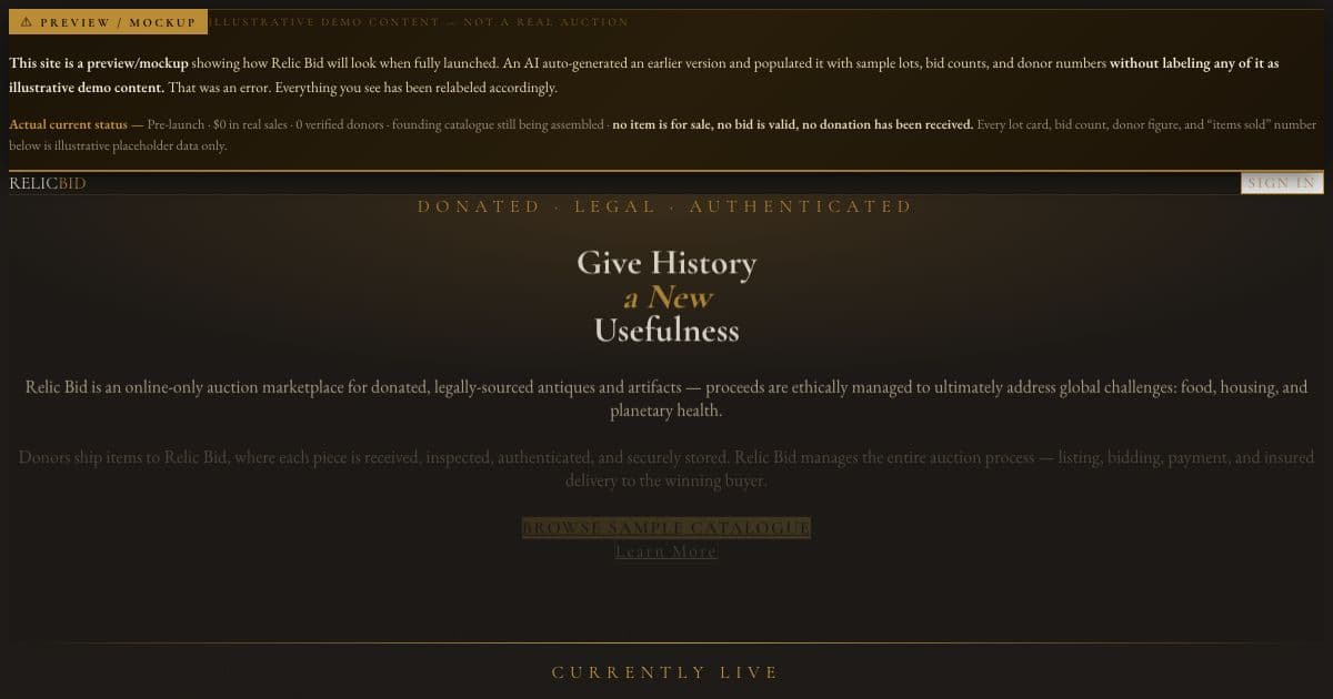 Relic Bid — A pre-launch online auction house for donated, legally sourced antiques, with proceeds meant to fund food, housing and climate causes.