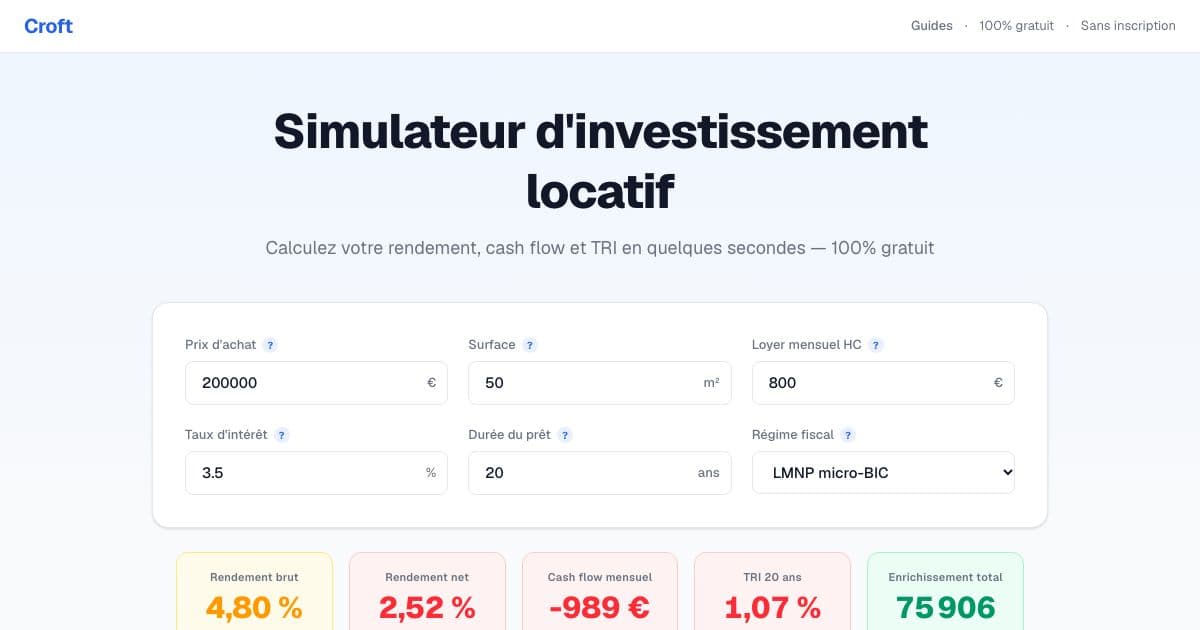 Rendio — Simulates a French rental property investment across 11 tax regimes, computing yield, cash flow and IRR for individual investors.