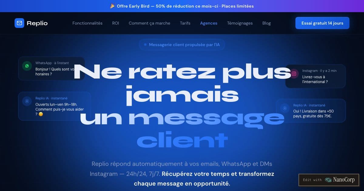 Replio — Answers customer messages on email, WhatsApp Business and Instagram with AI trained on each business's own information.