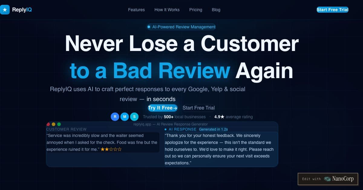 ReplyIQ — An AI tool that drafts replies to online reviews in a local business's own tone, for restaurants, hotels, clinics and contractors.