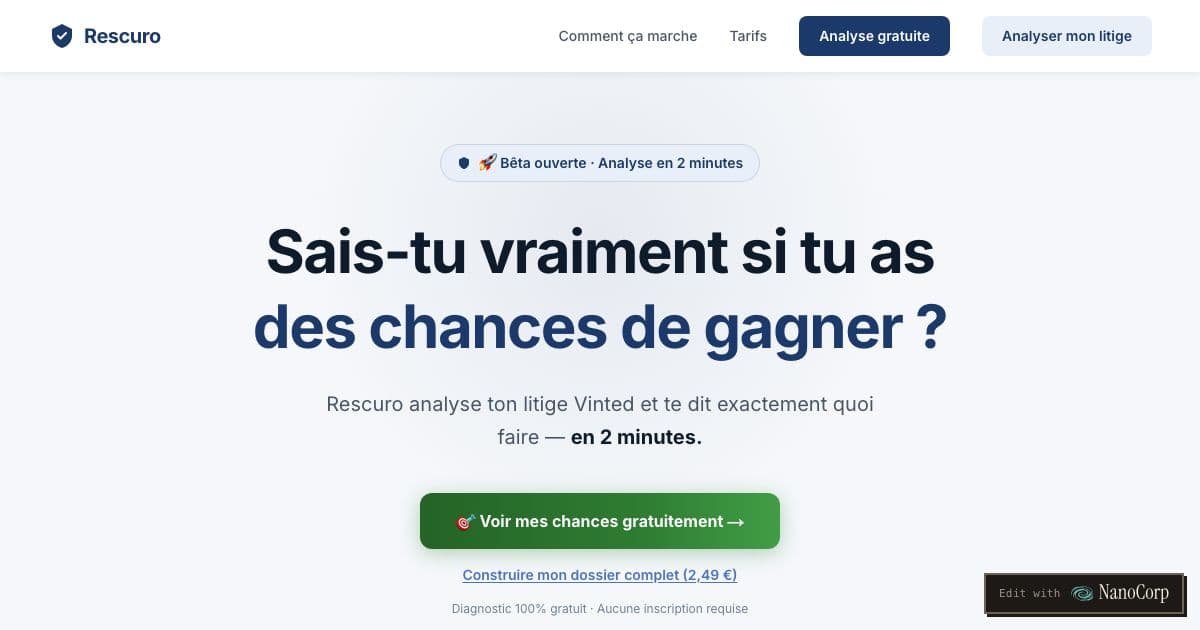 Rescuro — Helps Vinted buyers with a missing or misdescribed item judge their chances and send a formal claim grounded in consumer law.