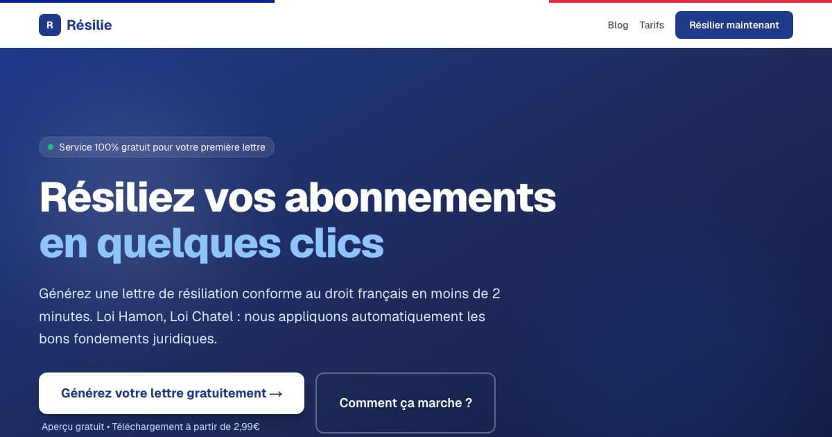 Résilie — Generates legally worded letters that let people in France cancel subscriptions with telecom, streaming, energy and insurance providers.