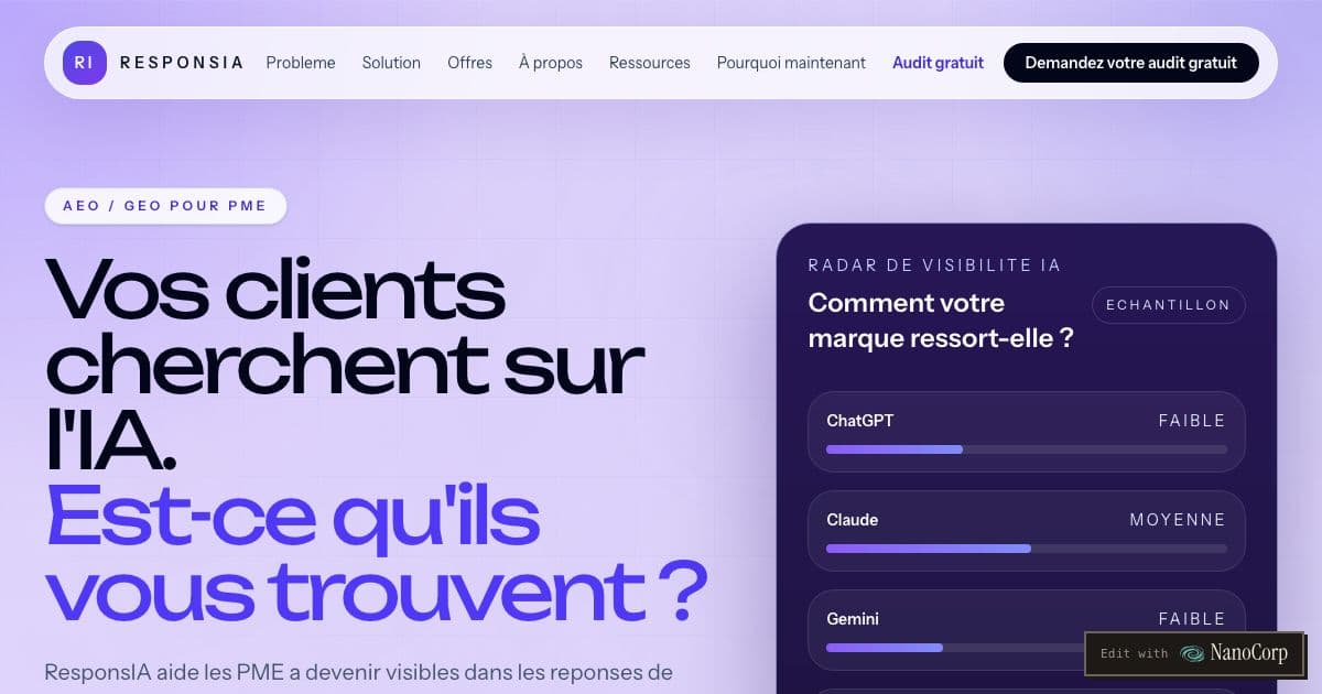 ResponsIA — Audits and improves how AI assistants such as ChatGPT and Perplexity describe and recommend French small and mid-sized businesses.