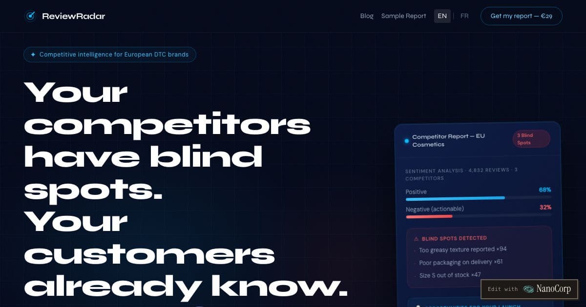 ReviewRadar — Turns competitors' public customer reviews into a PDF report of their weak spots for European direct-to-consumer brands.