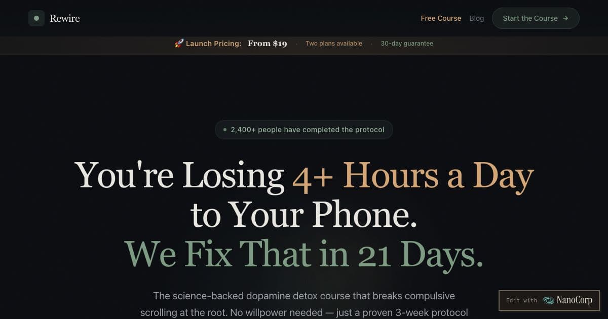 Rewire — A three-week online course that helps people hooked on their phones cut compulsive scrolling and rebuild their focus.