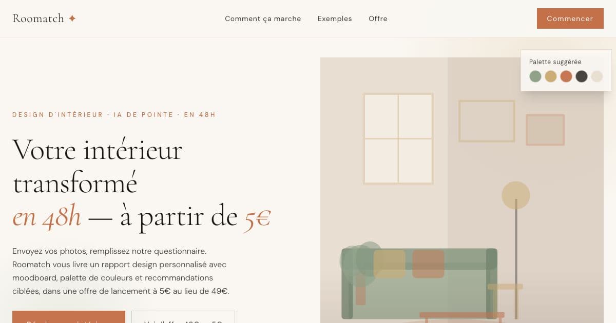 Roomatch — Turns photos of a room and a style questionnaire into a personalized redecoration report, for people who want a fresh interior.