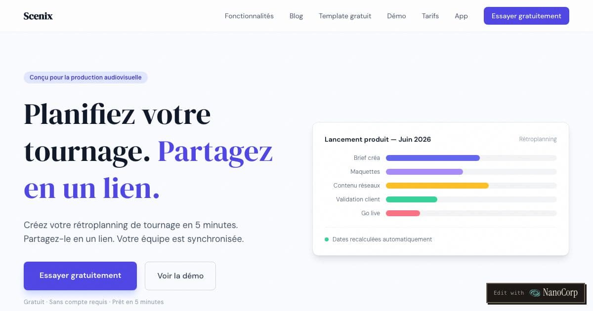 Scenix — A French web tool that builds backward schedules for audiovisual shoots and shares them with crews and clients through a link.