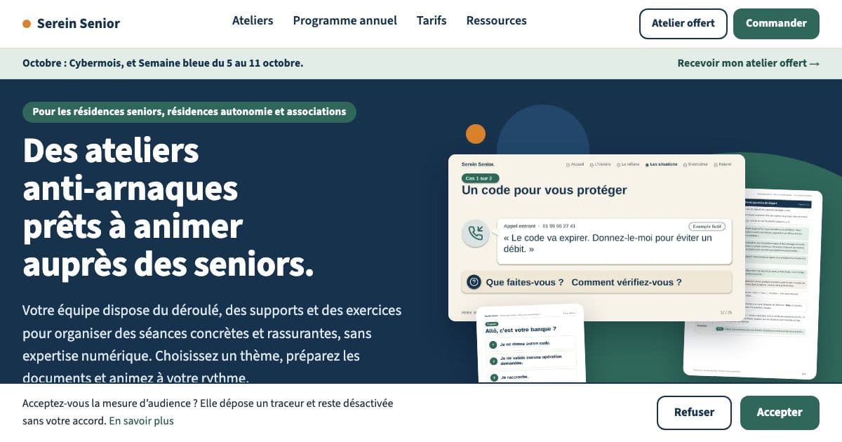 Serein Senior — Scam prevention workshop kits that staff at French senior residences and associations run themselves, with guide, slides and handouts.