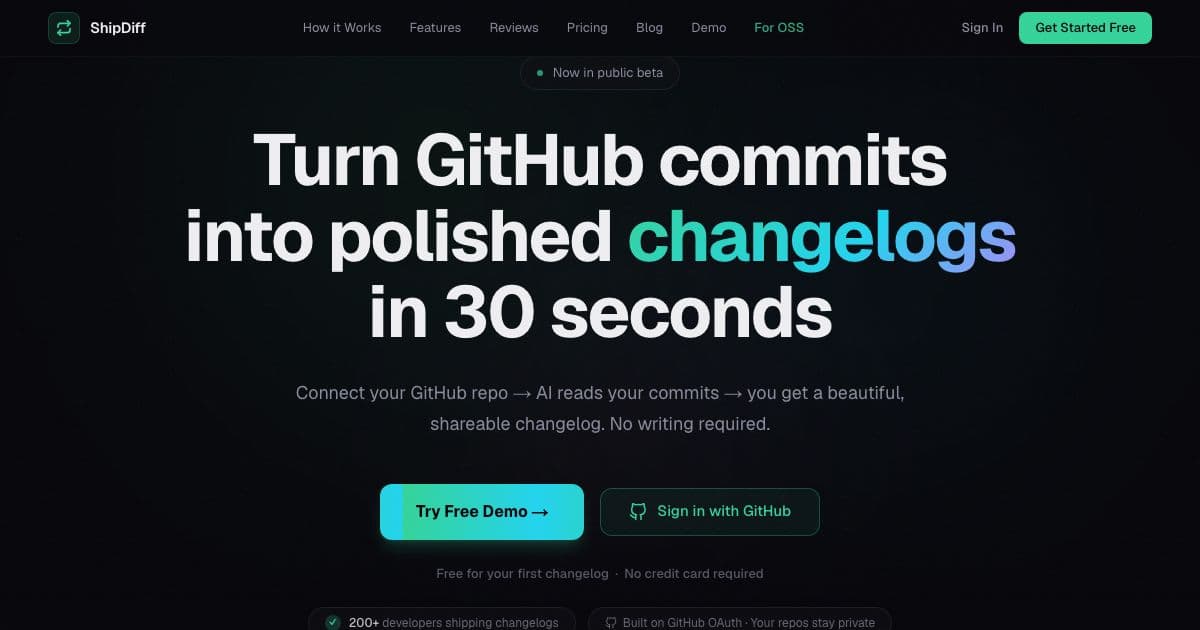 ShipDiff — Turns the commits of a GitHub repository into a categorized, shareable changelog for developers who would rather not write one.