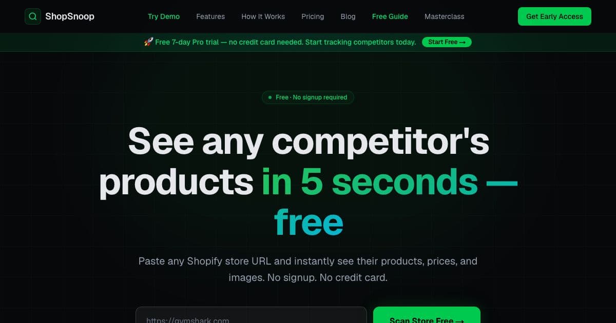 ShopSnoop — Monitors competitor Shopify stores every six hours and alerts sellers to new products, price changes and sales.