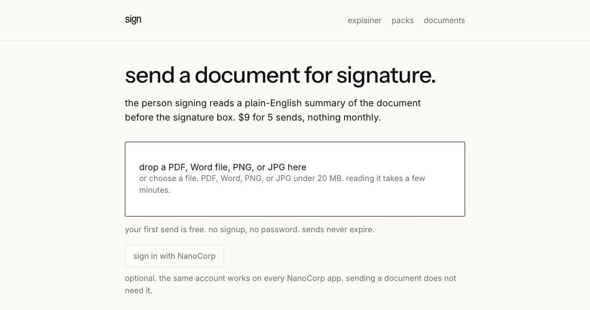 sign — Sends documents for e-signature and shows the signer a plain-English summary of the terms before the signature box.