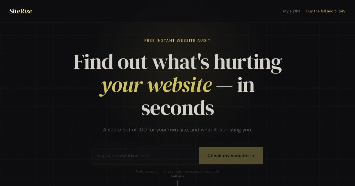 SiteRise — Scores a local business website out of 100 for free and sells a full audit with an ordered plan of fixes.